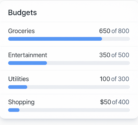 Budget categories with monthly limits and progress bars