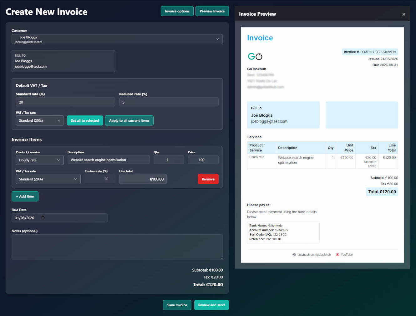 GoTaskhub Create Invoice screen with customer selection, line items, totals and a live preview