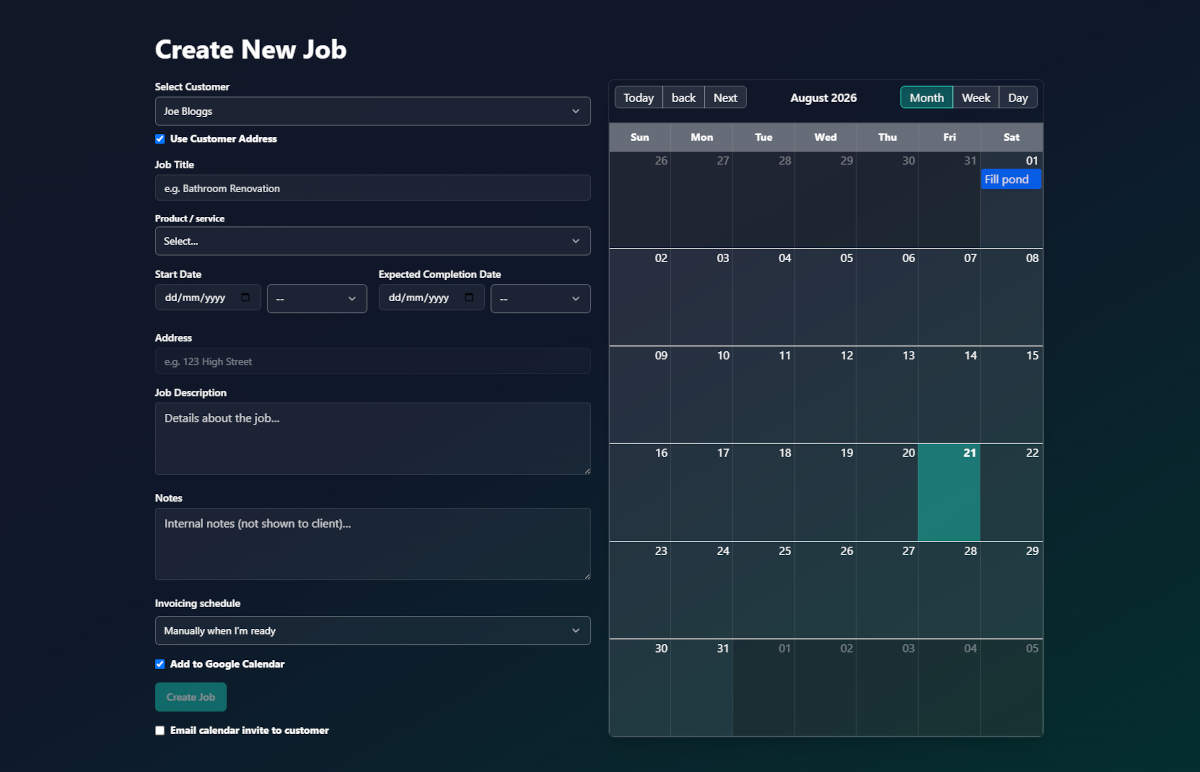 Job scheduling dashboard showing dates, job status, notes and attachments