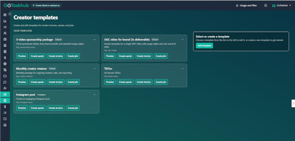GoTaskhub social board for organising creator projects and brand deals