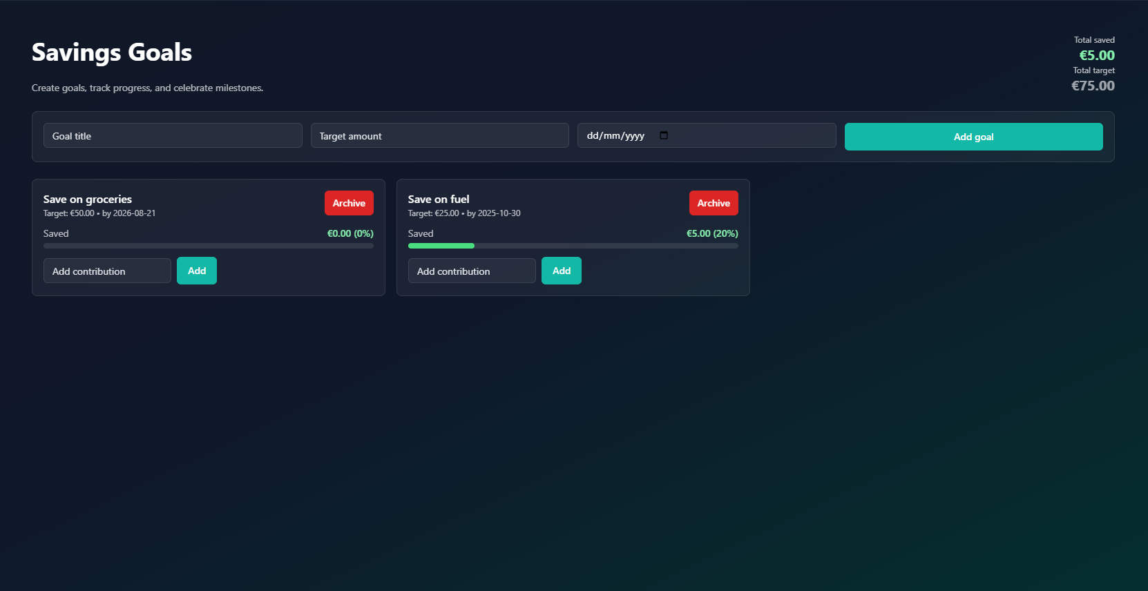 Savings goals interface showing multiple goals, target amounts, dates and progress bars
