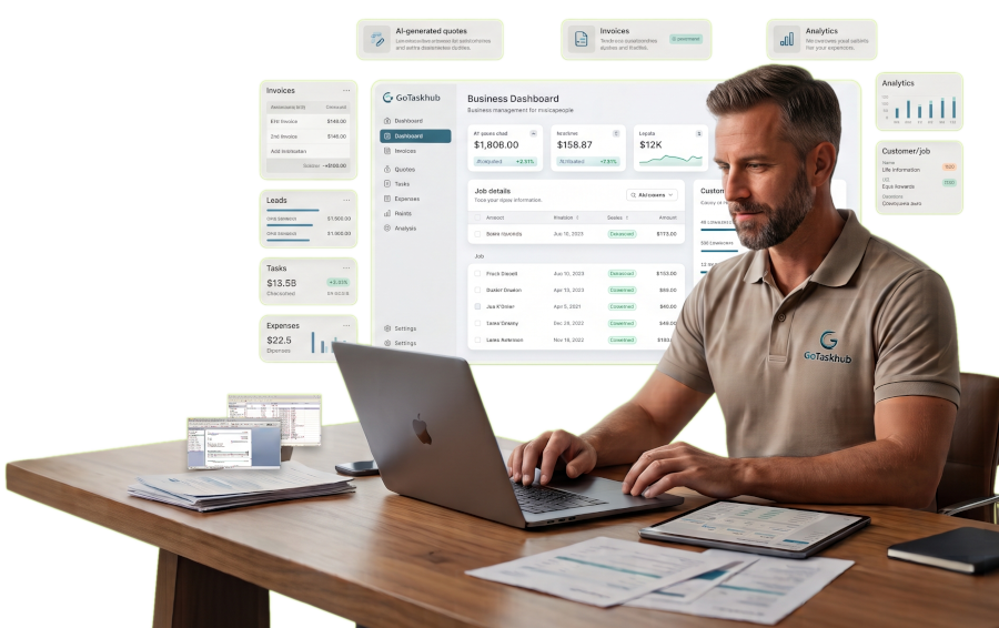 GoTaskhub management dashboard showing job overview and financial summaries