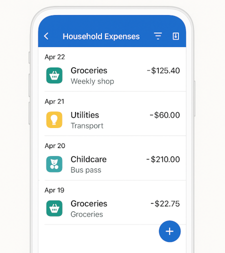 Household expenses list with categories and amounts