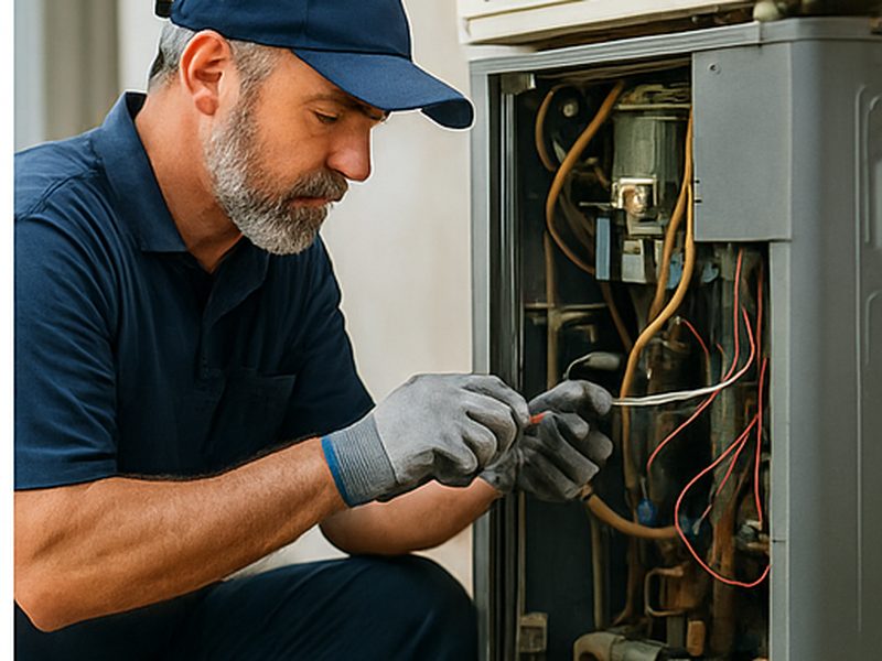 Technician servicing HVAC unit; service call scheduling and parts lists
