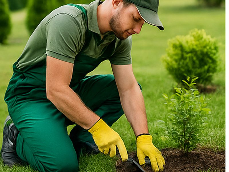 Landscaping crew working in a garden; scheduling and invoicing workflow