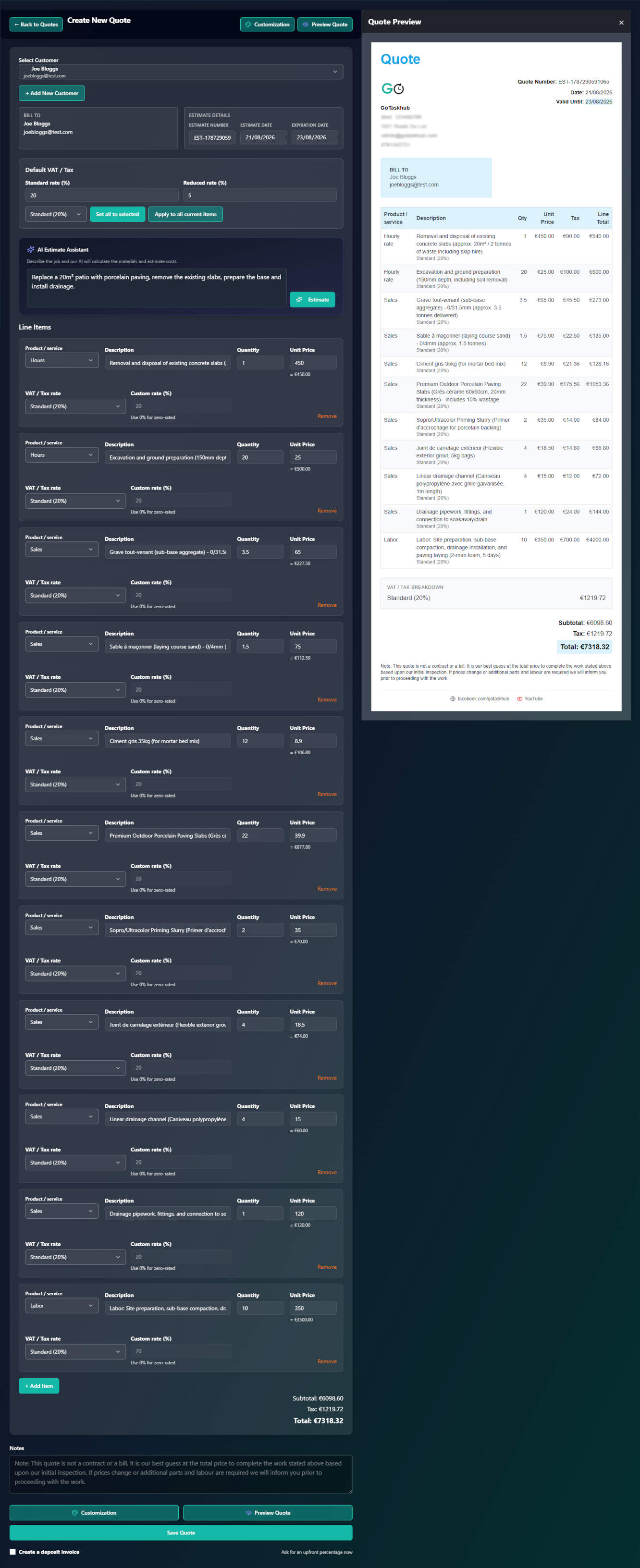 GoTaskhub Create Quote screen with customer selection, items, totals and a live preview